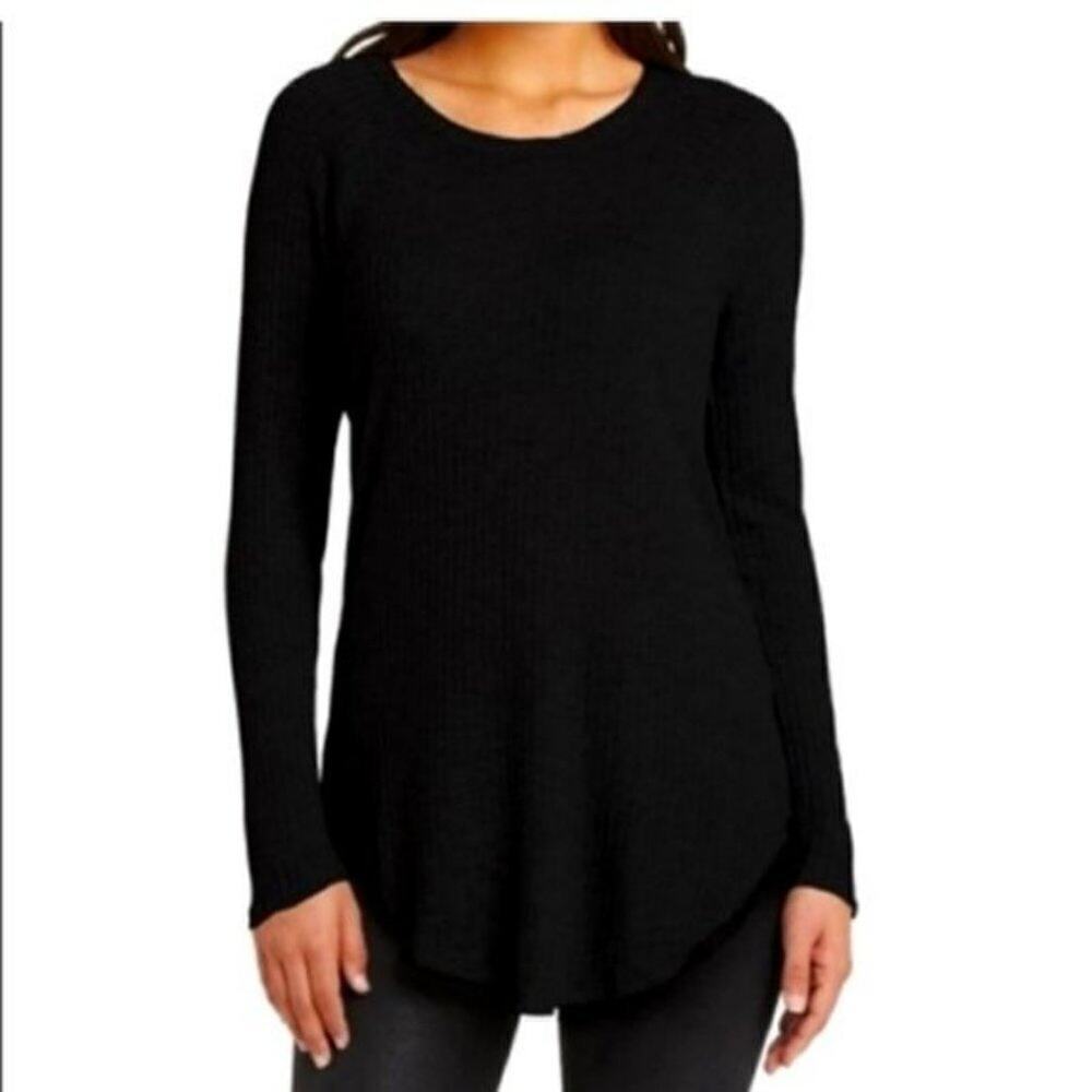 Chaser Top Waffle Knit Thermal Activewear  Black Medium M Long Sleeve Scoop Neck